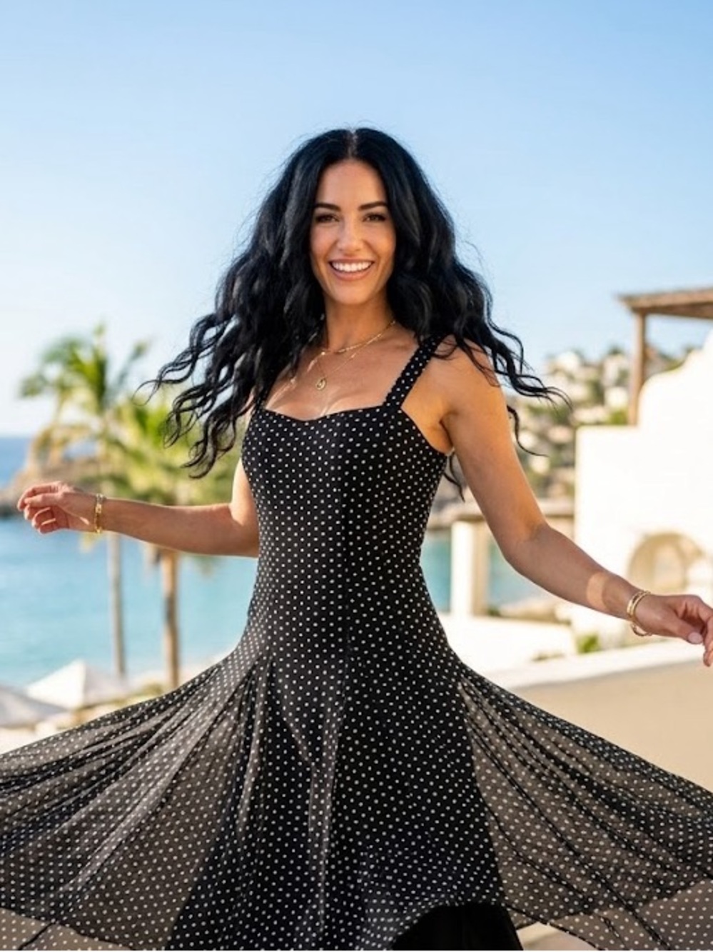 BNWT Gilani Sweetheart Neck Sleeveless Black Polka Dot Midi Stretchy Dress